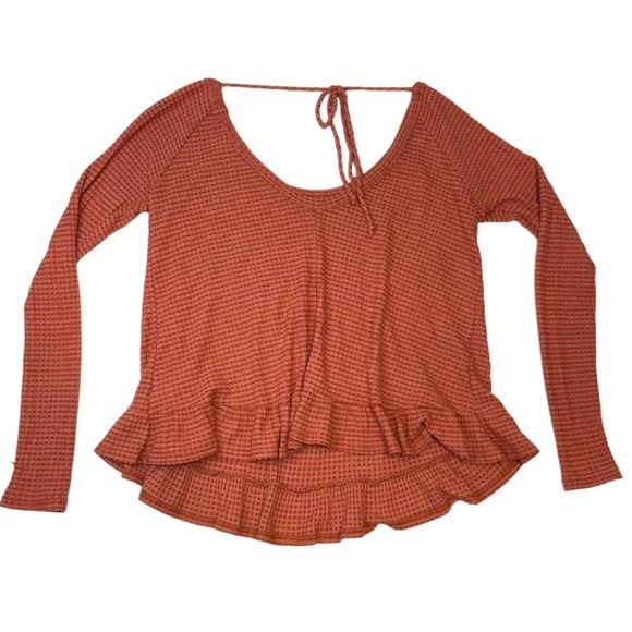 Peach Love California Tops - Peach Love California Thermal Waffle Knit Peplum Ruffle Tie-Back Top Women's S